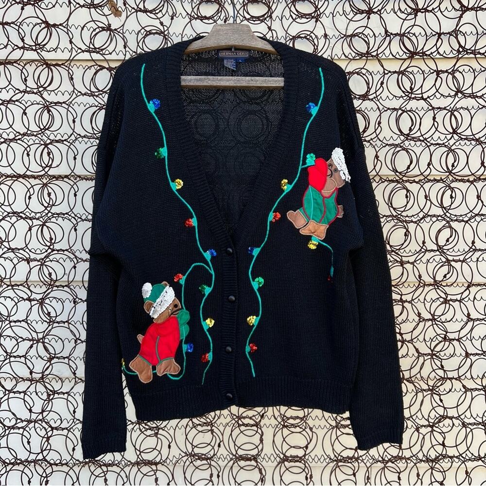 Vintage cardigan sweater w teddy bear puppies stringing Christmas lights sequin
